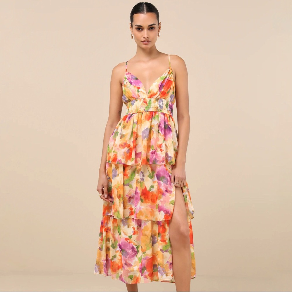Lulus Olesia Yellow Multi Abstract Floral Tiered Midi Dress - Size XS